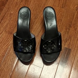 Tory Burch Black Patent Wedge Slides